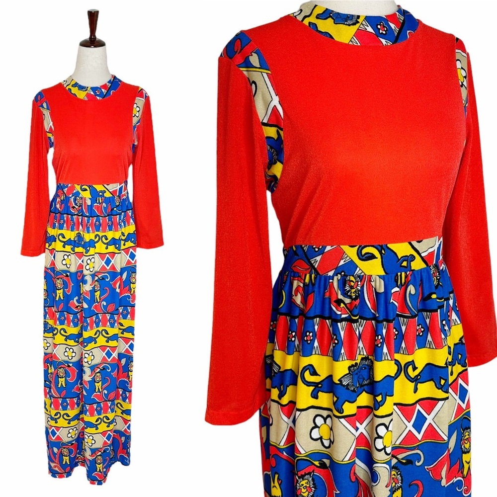 Vintage 70s Montgomery Ward Retro Daisy Lion Print Maxi Dress
